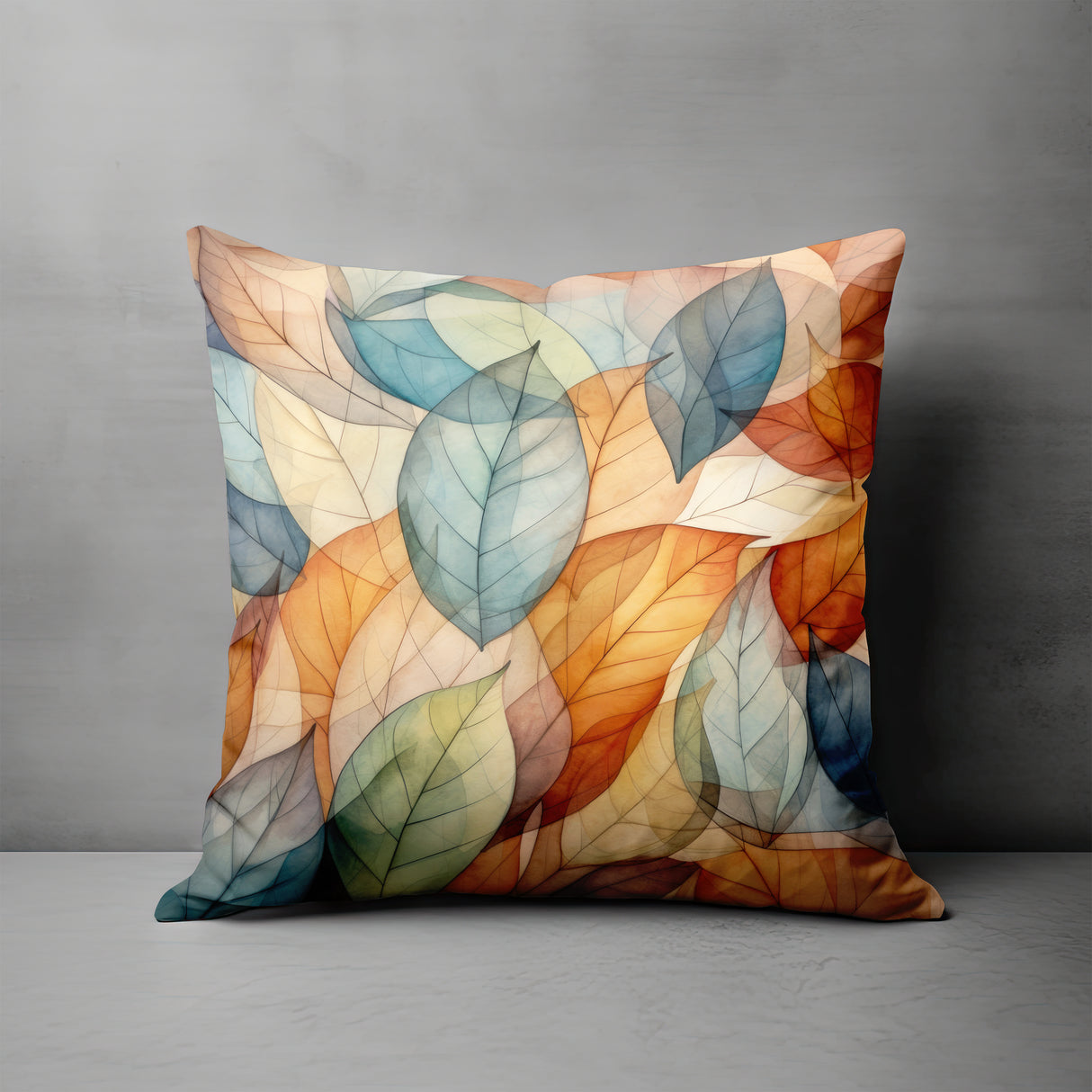 a pillow with a multicolored leaf design on it