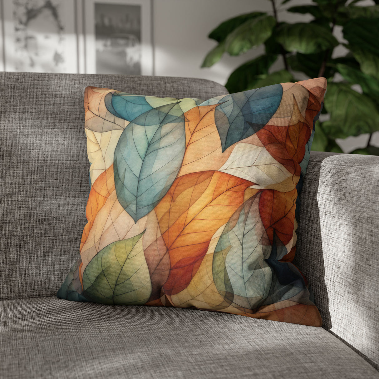 a pillow on a couch with a plant in the background